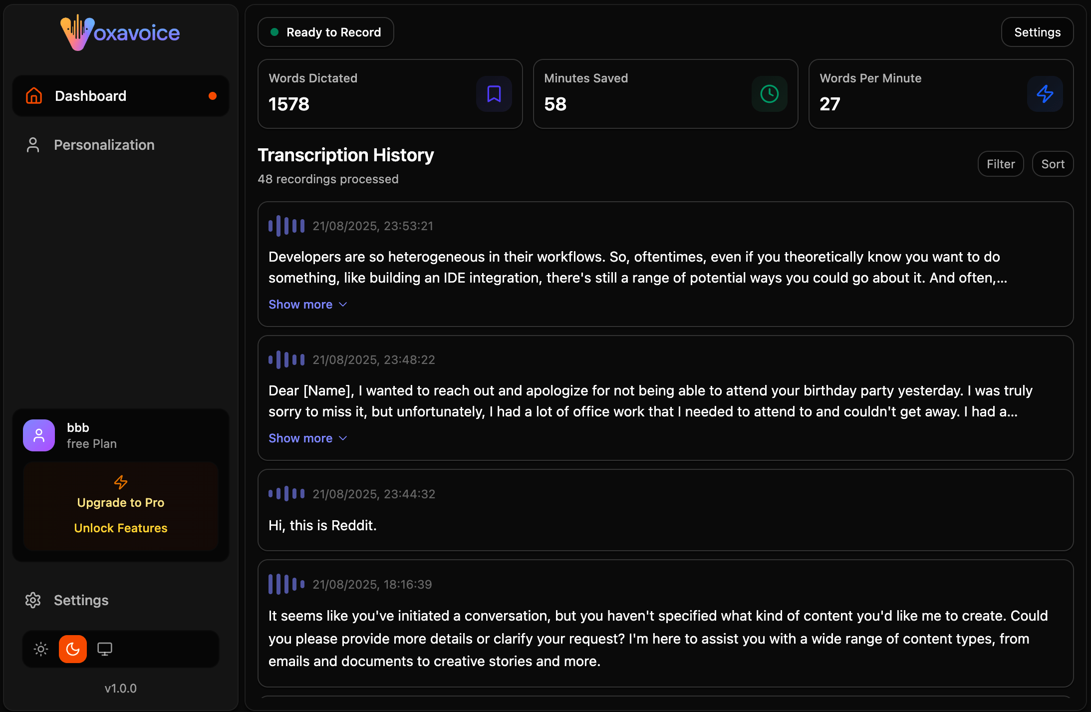 Voxa Voice Dashboard (Dark)